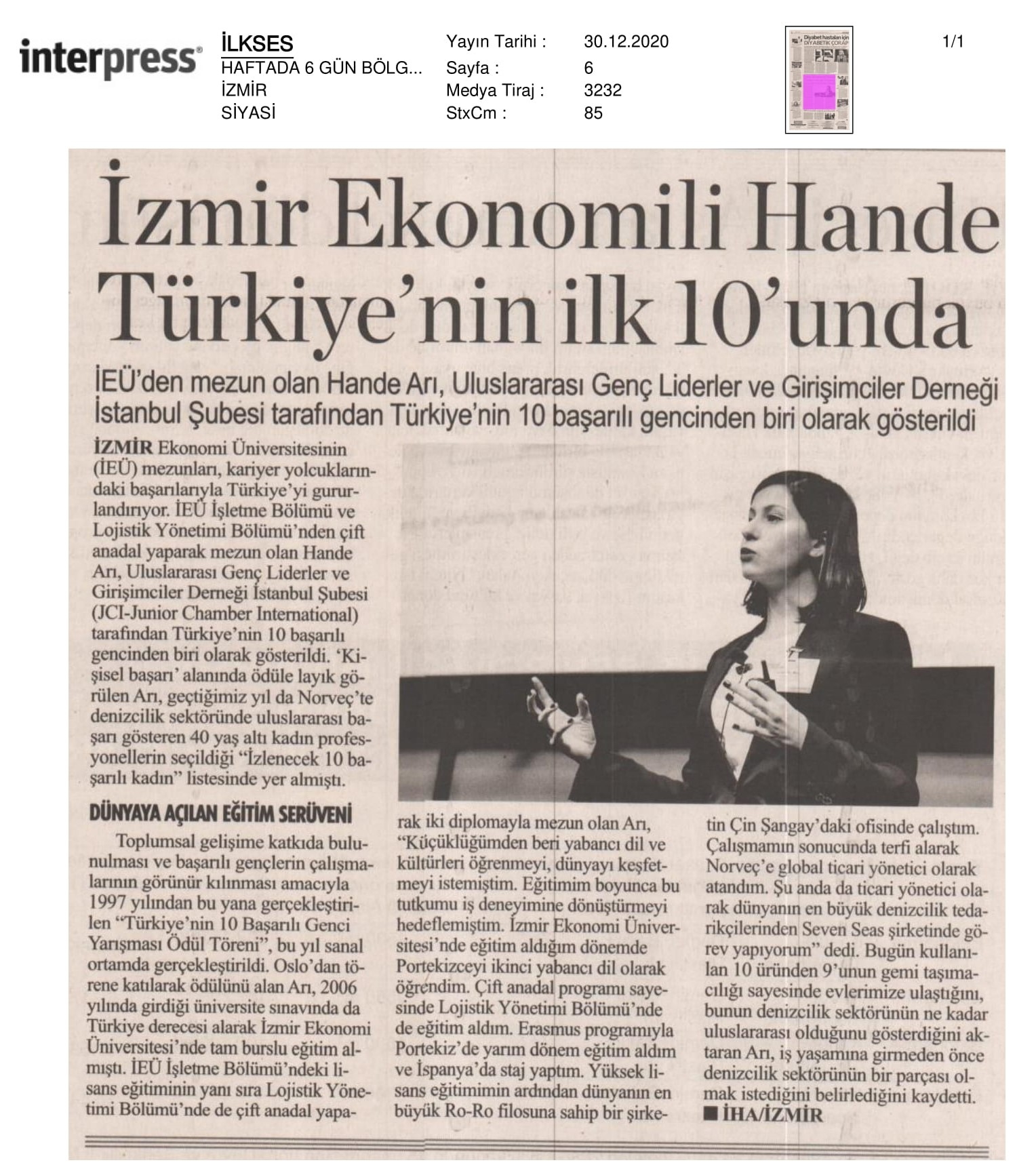 İzmir Ekonomili Hande Arı, Türkiye’nin ilk 10’unda