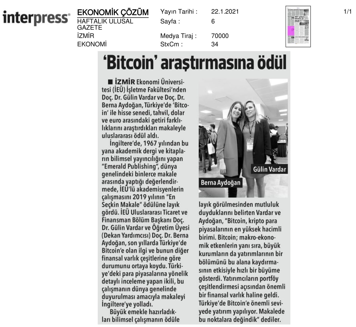 ‘Bitcoin’ araştırmasına uluslararası ödül