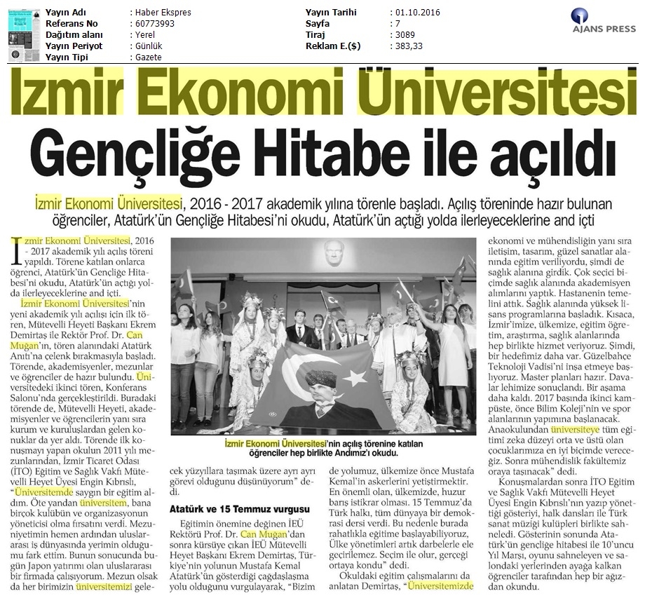 İzmir Ekonomi Üniversitesi Gençliğe Hitabe ile açıldı 
