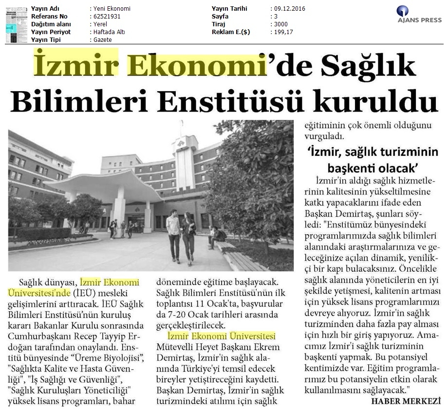 İzmir Ekonomi'de Sağlık Bilimleri Enstitüsü kuruldu