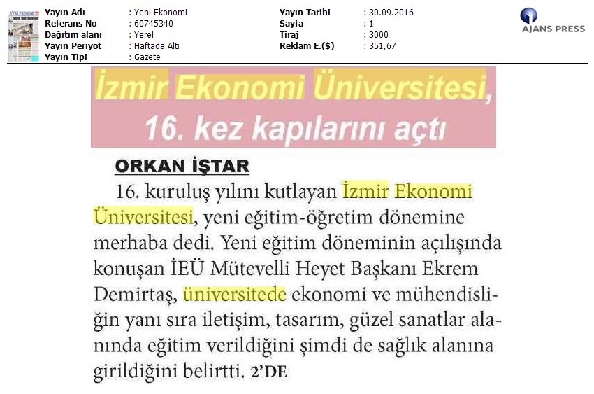 İzmir Ekonomi Üniversitesi, 16. kez kapılarını açtı