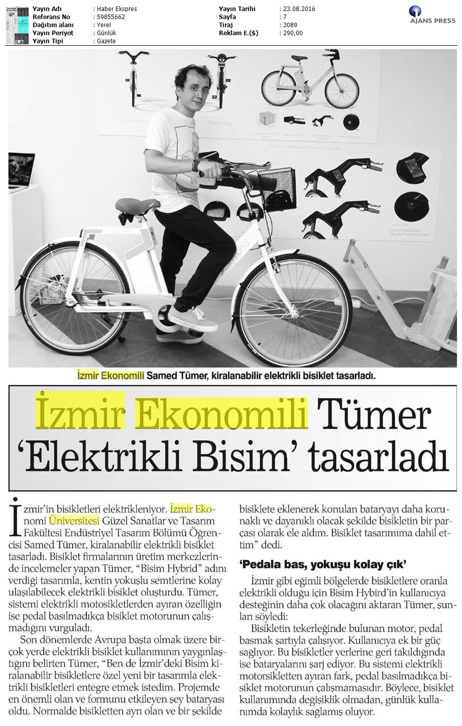 İzmir Ekonomi'li Tümer "Elektrikli Bisim" tasarladı