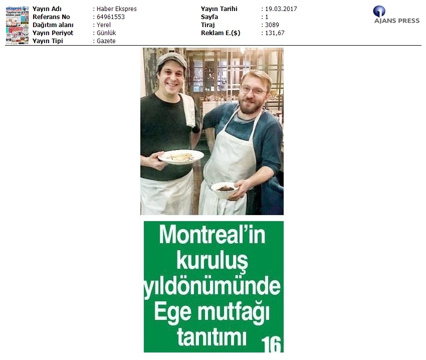 Montrealin Kuruluş Yıl Dönümünde Ege Mutfağı Tanıtımı