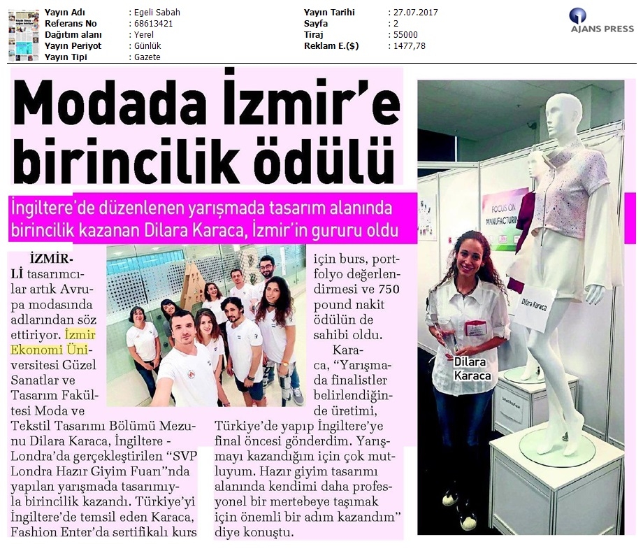 Modada İzmir'e birincilik ödülü