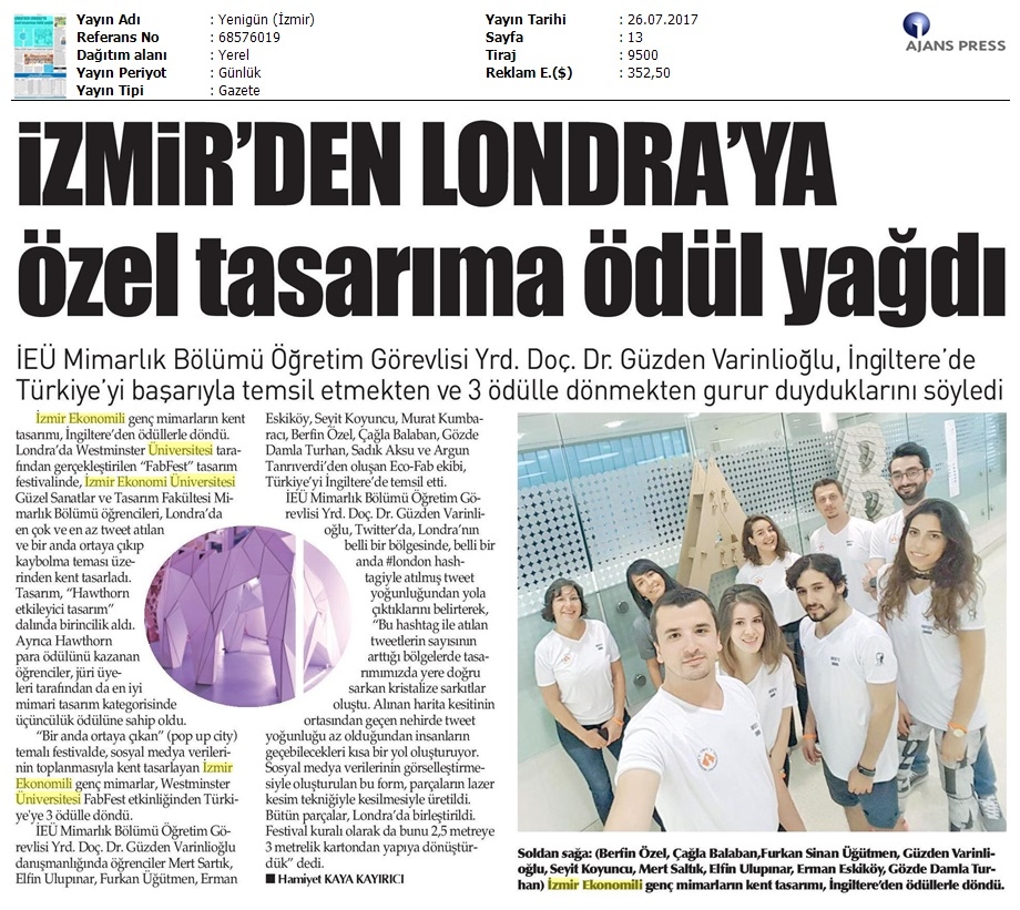 İzmir'den Londra'ya özel tasarıma ödül yağdı