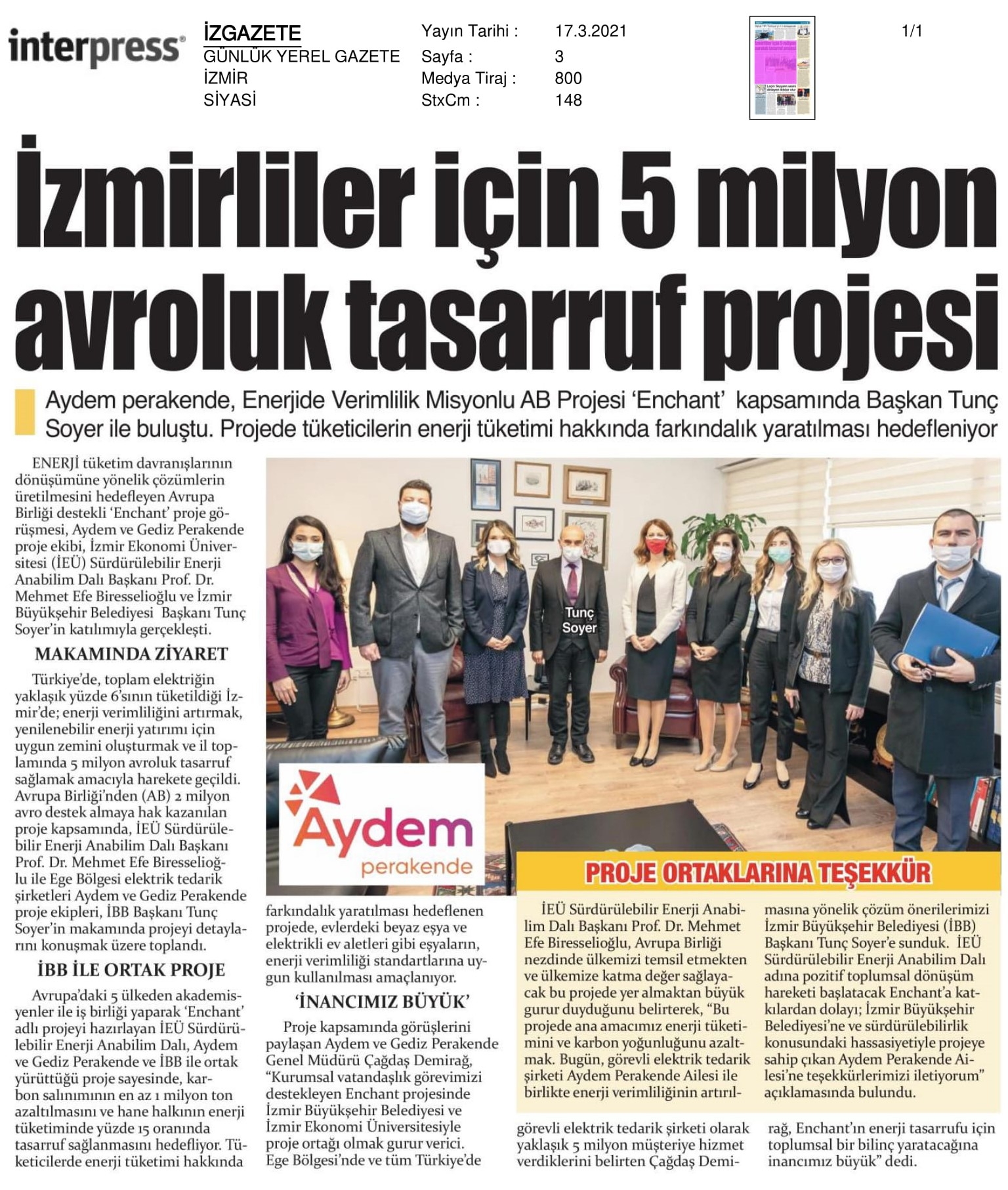 İzmir'de '44 milyon liralık' tasarruf projesi