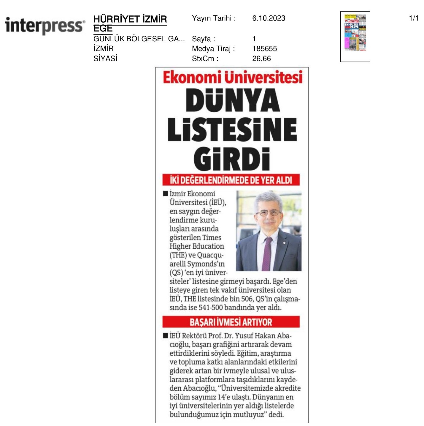 İzmir Ekonomi ‘Dünya Listesi'nde
