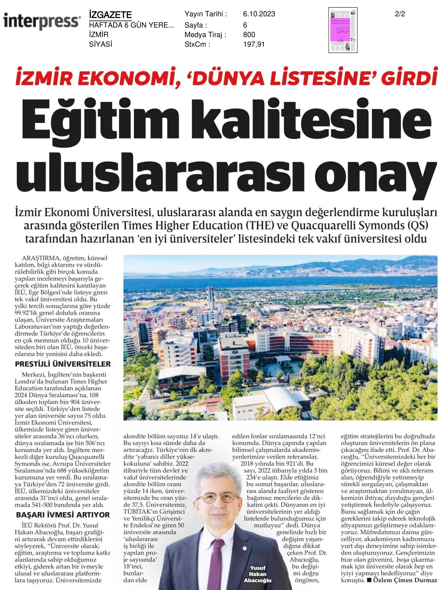 İzmir Ekonomi ‘Dünya Listesi'nde