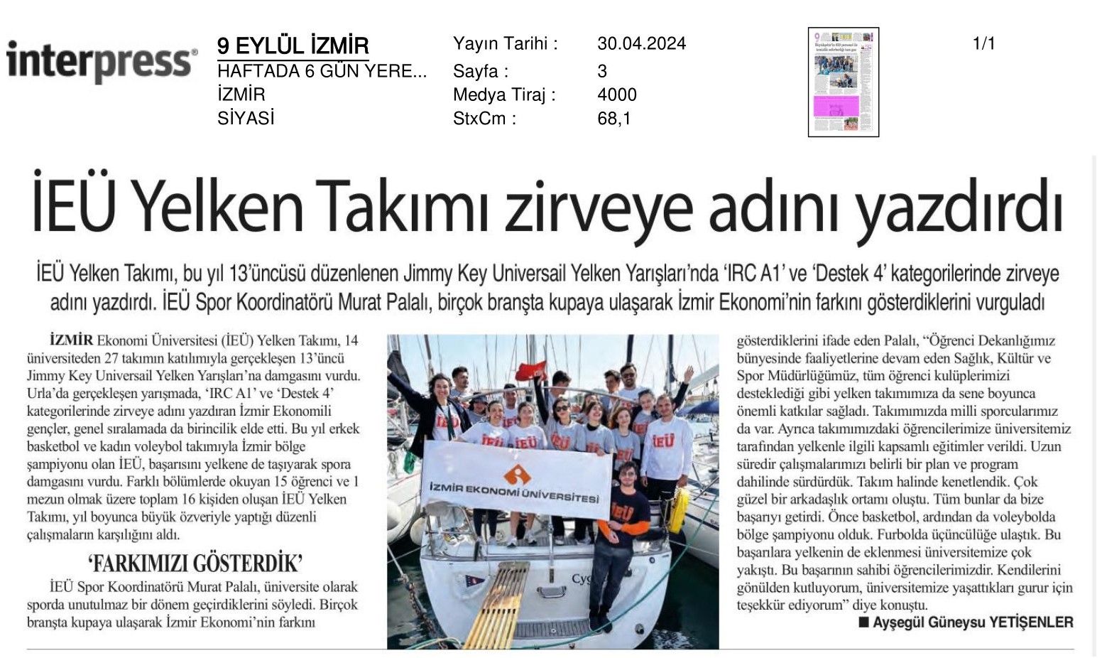 Denizde ‘İzmir Ekonomi’ Rüzgarı