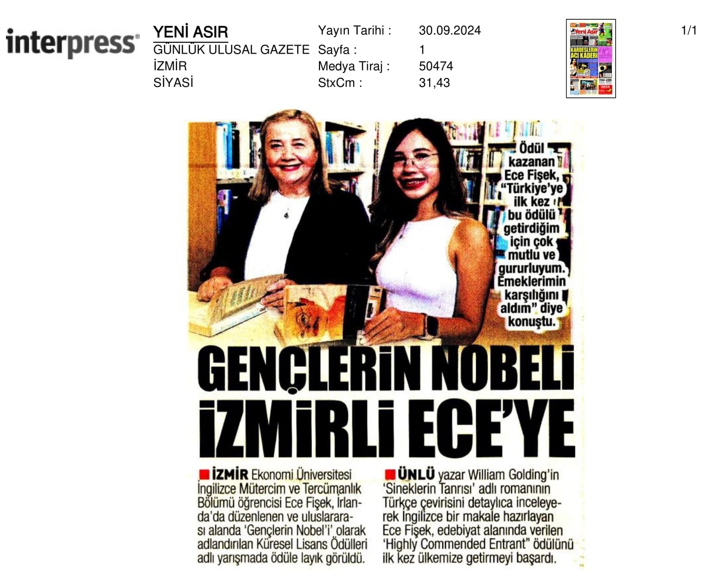 Gençlerin Nobel'ini Ece Aldı