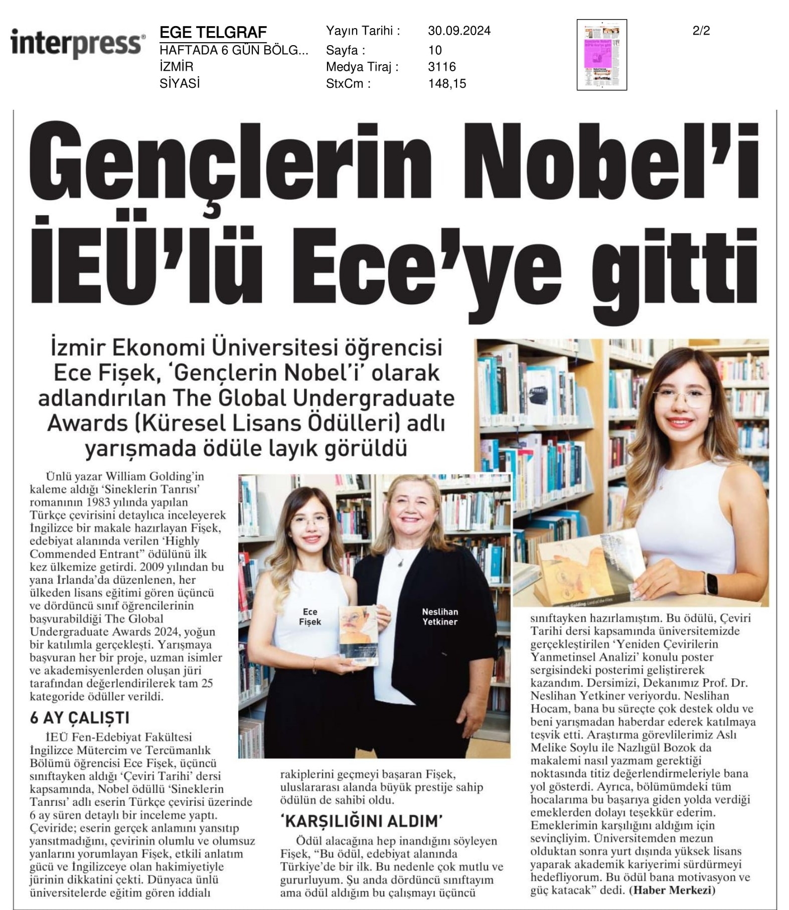 Gençlerin Nobel'ini Ece Aldı