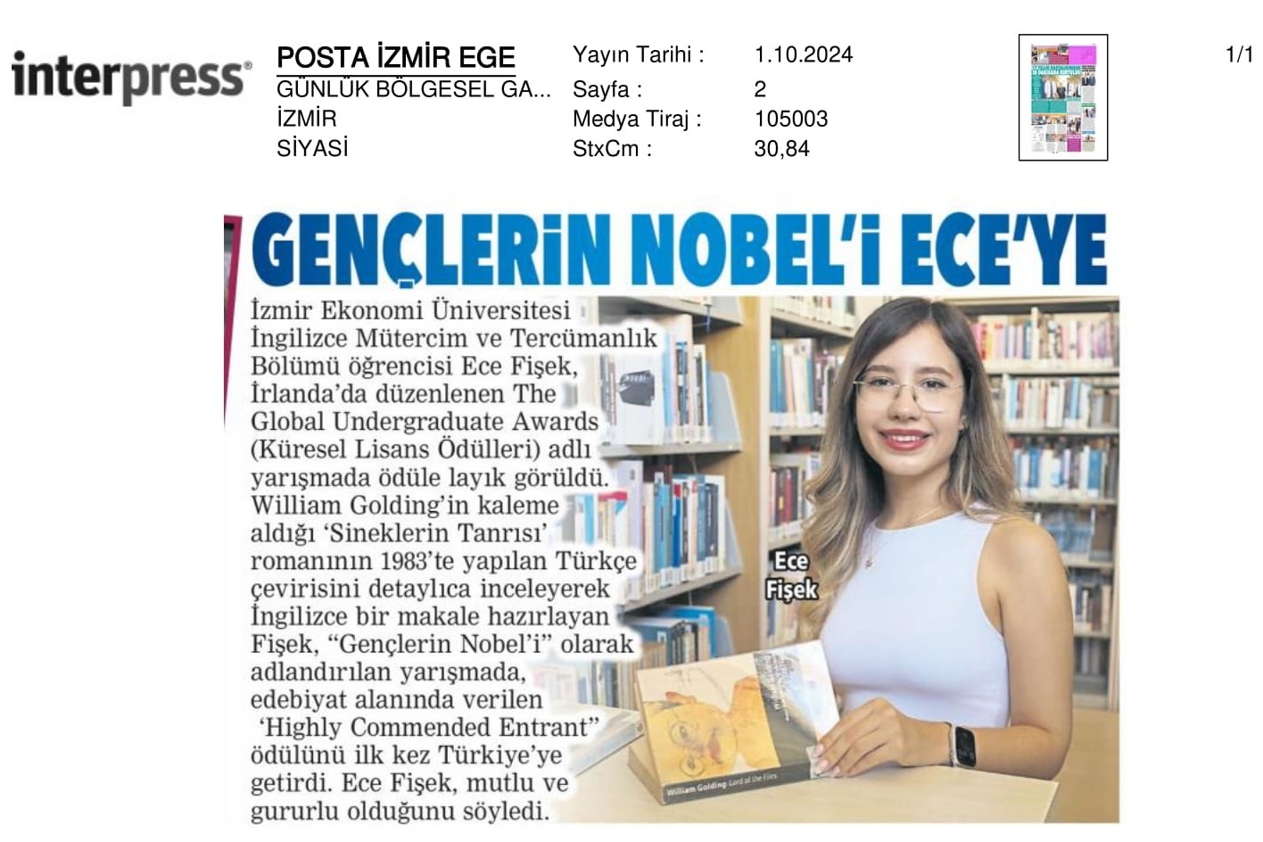 Gençlerin Nobel'ini Ece Aldı