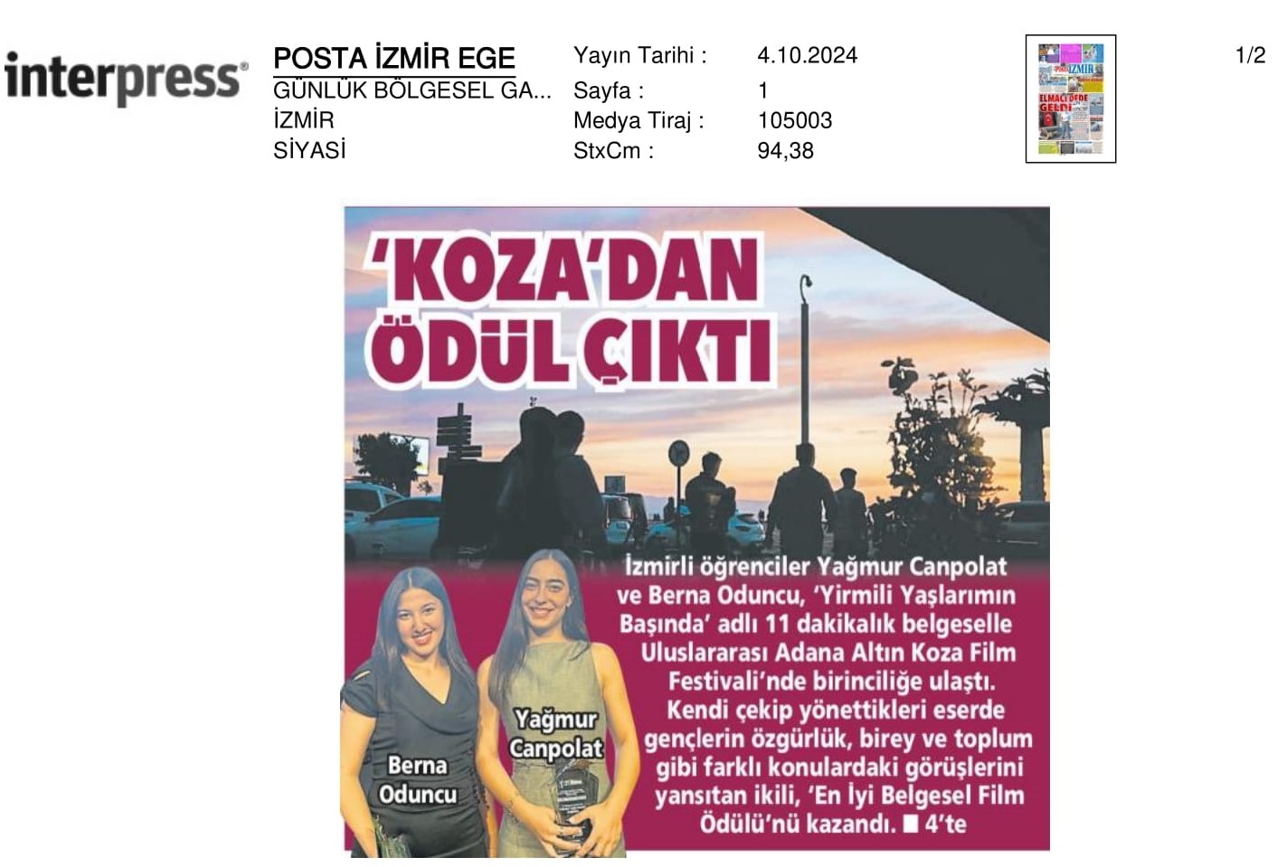 ‘Koza’dan Ödül Çıktı