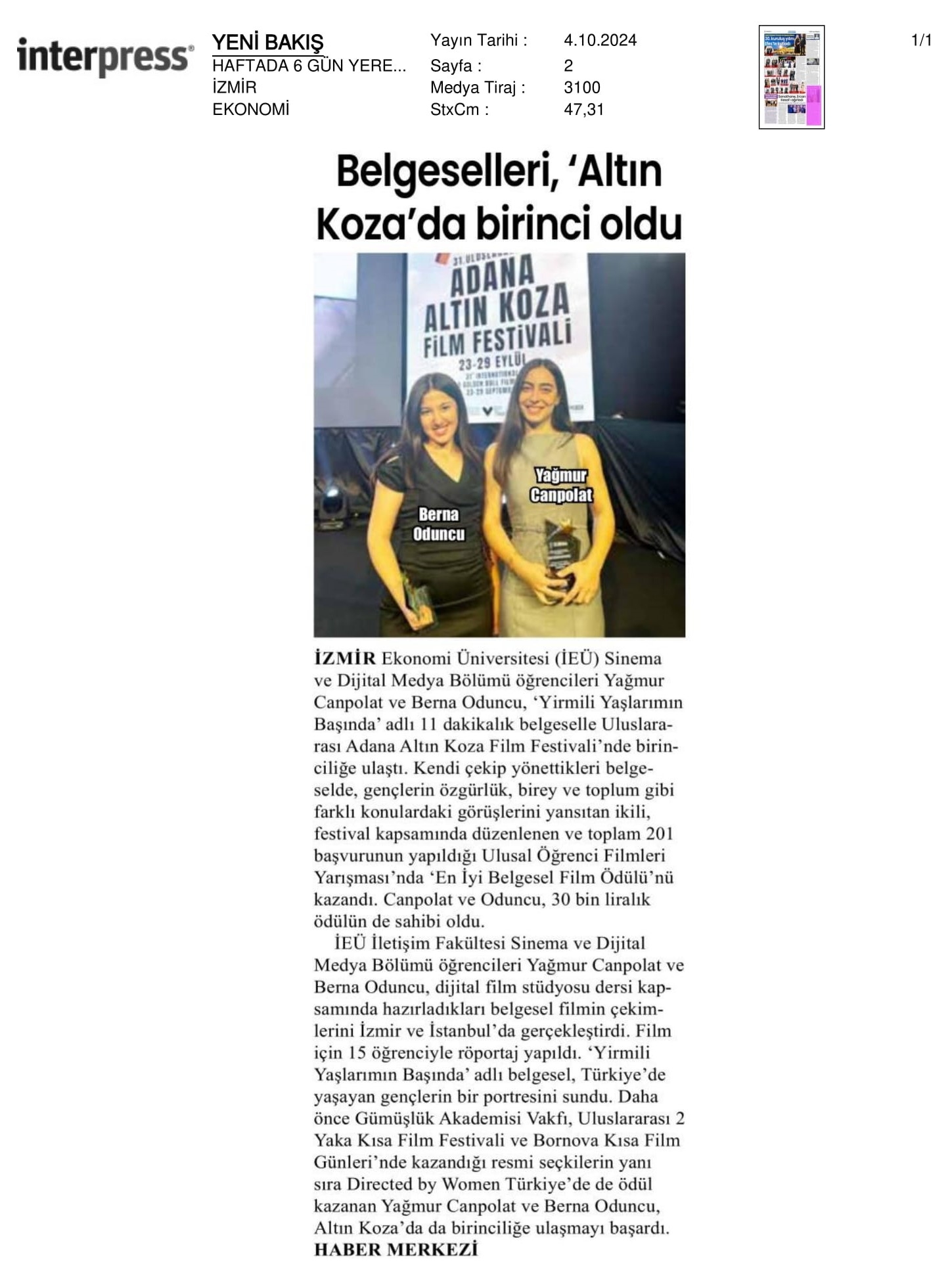 ‘Koza’dan Ödül Çıktı