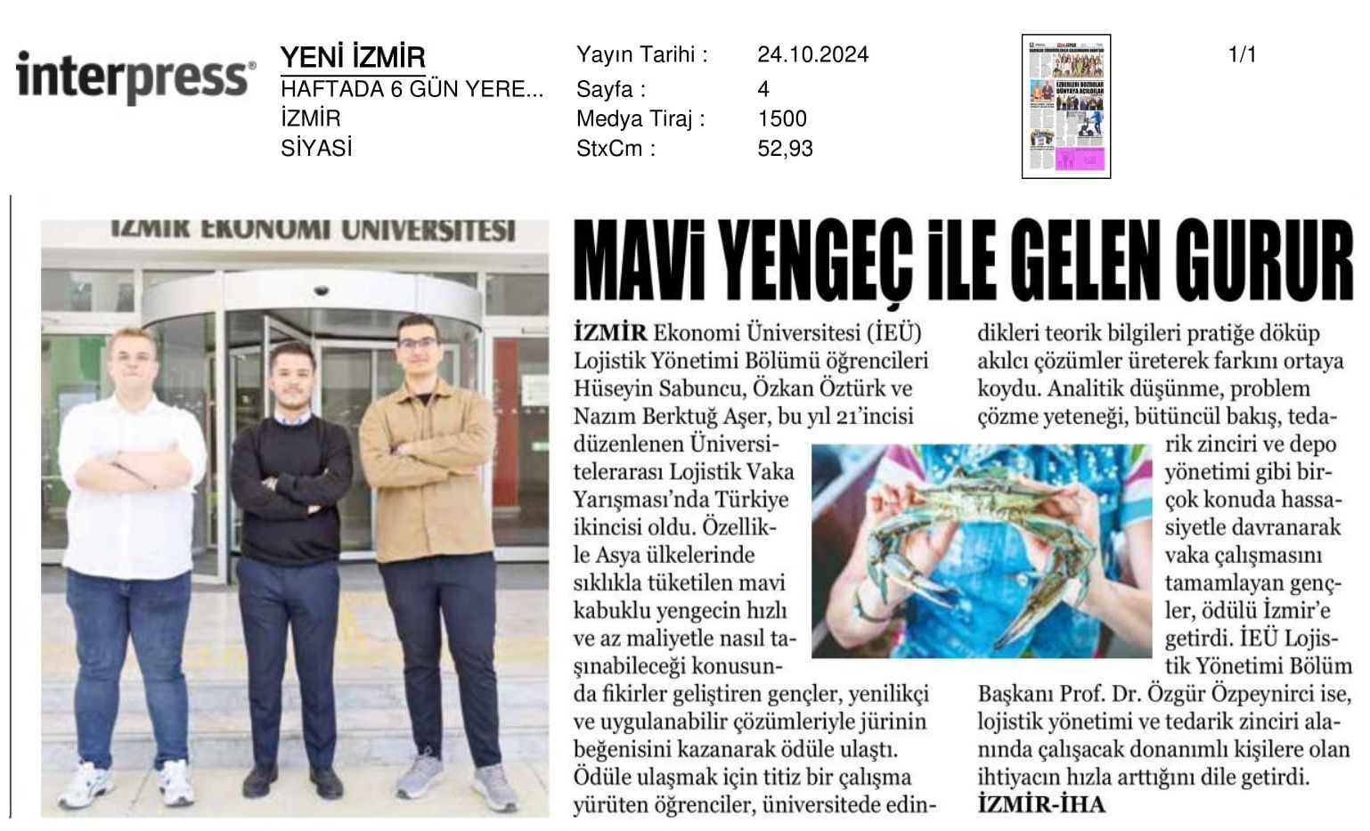 ‘Mavi Yengeç’ Ödül Getirdi