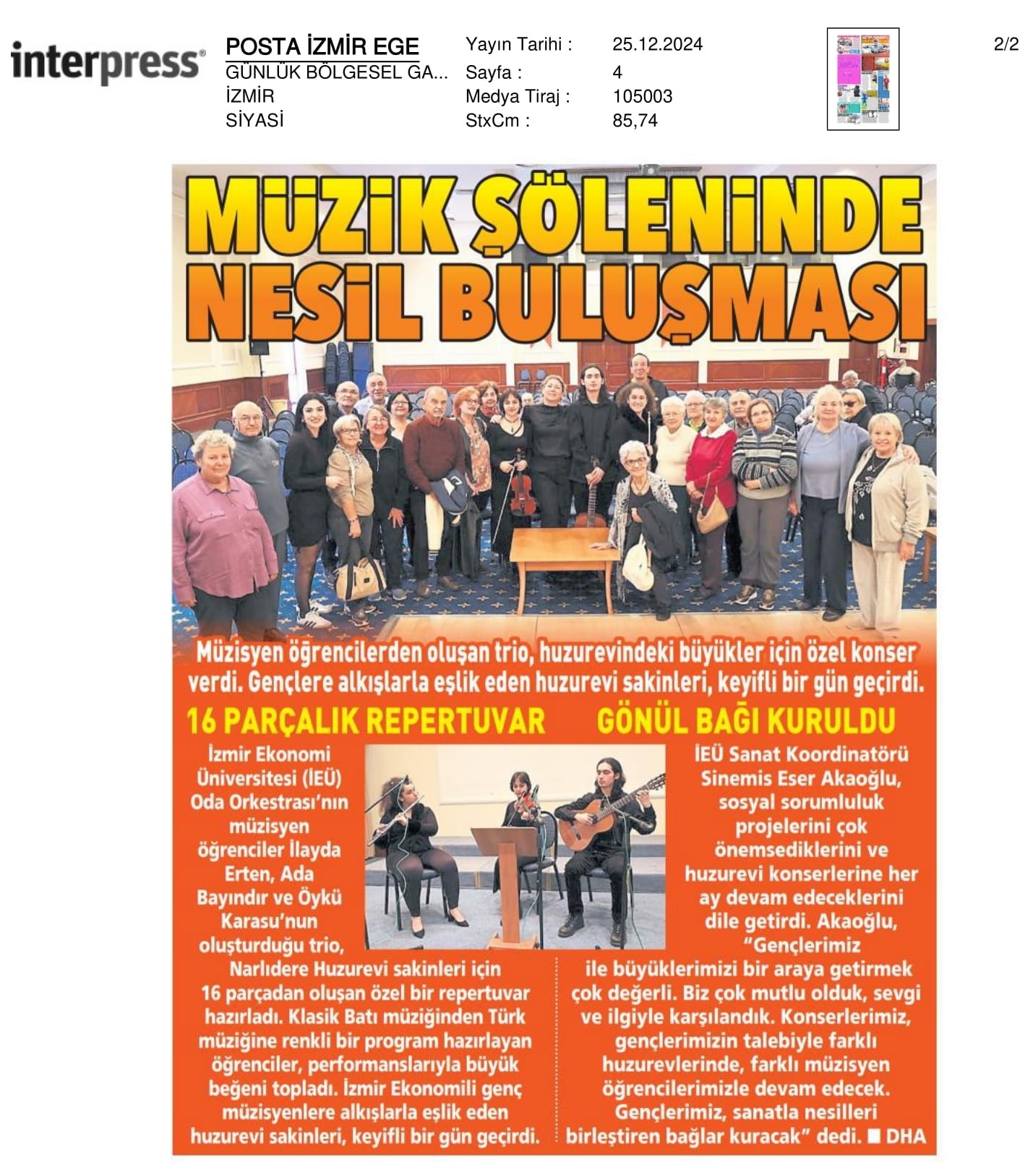 Huzurevinde ‘Müzik’ Şöleni