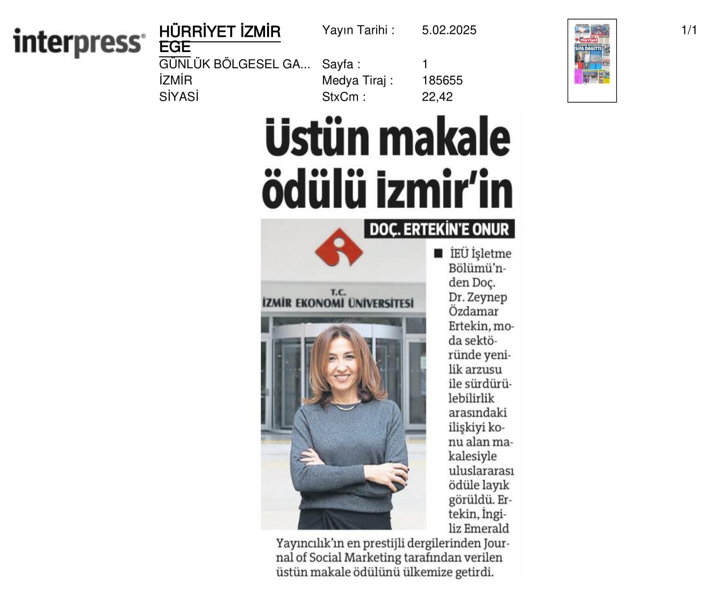 ‘Üstün Makale’ Ödülünü İzmir’e Getirdi